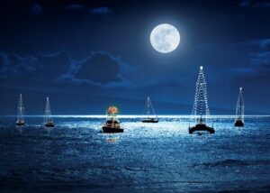 Sailboat with holiday lights