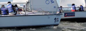 Two Colgate 26 sailboats starting a sailboat race on the Gulf of Mexico.