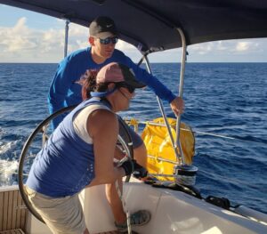Trimming sails with a winch on a monohull sailboat