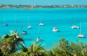 Boats anchored off Stocking Island in Exumas-Bahamas