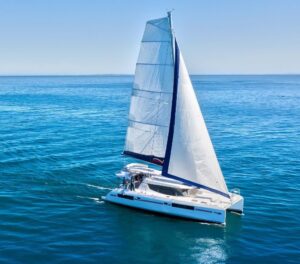 45' catamaran sailboat under sail