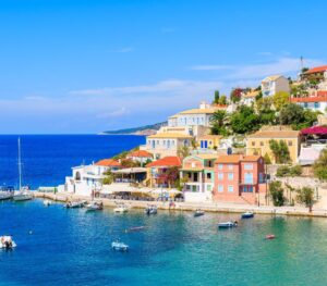 Colorful village in Ionian Islands of Greece