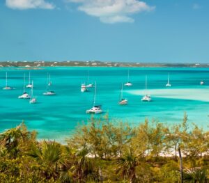 Boats anchored off Stocking Island in Bahamas
